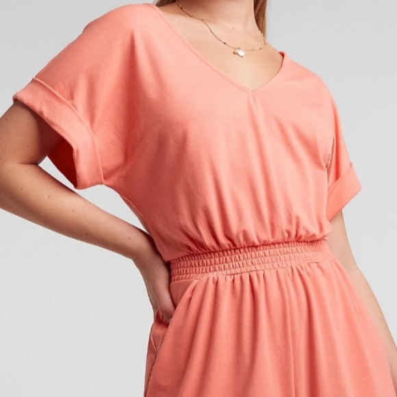Express V-Neck Short Sleeve Lounge Romper, Coral Peach - Picture 5 of 6